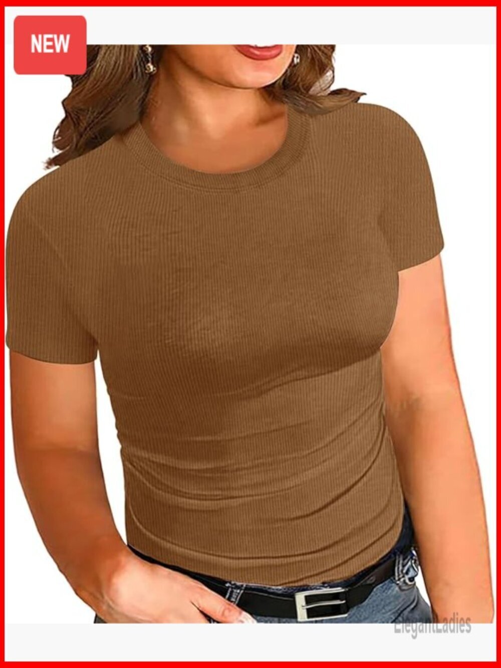 Plus Size Ribbed Crew Neck Short Sleeve Tee Slim Fit Basic Top